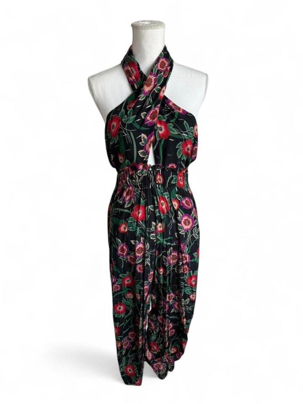 MISA Los Angeles Floral Halter Jumpsuit NEW Black Red Print Women’s Large